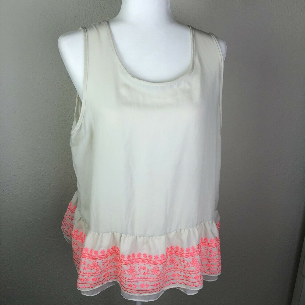 XHILARATION Women's Hot Pink Embroidered Sheer Tank Top‎ Size XXL Button Back
